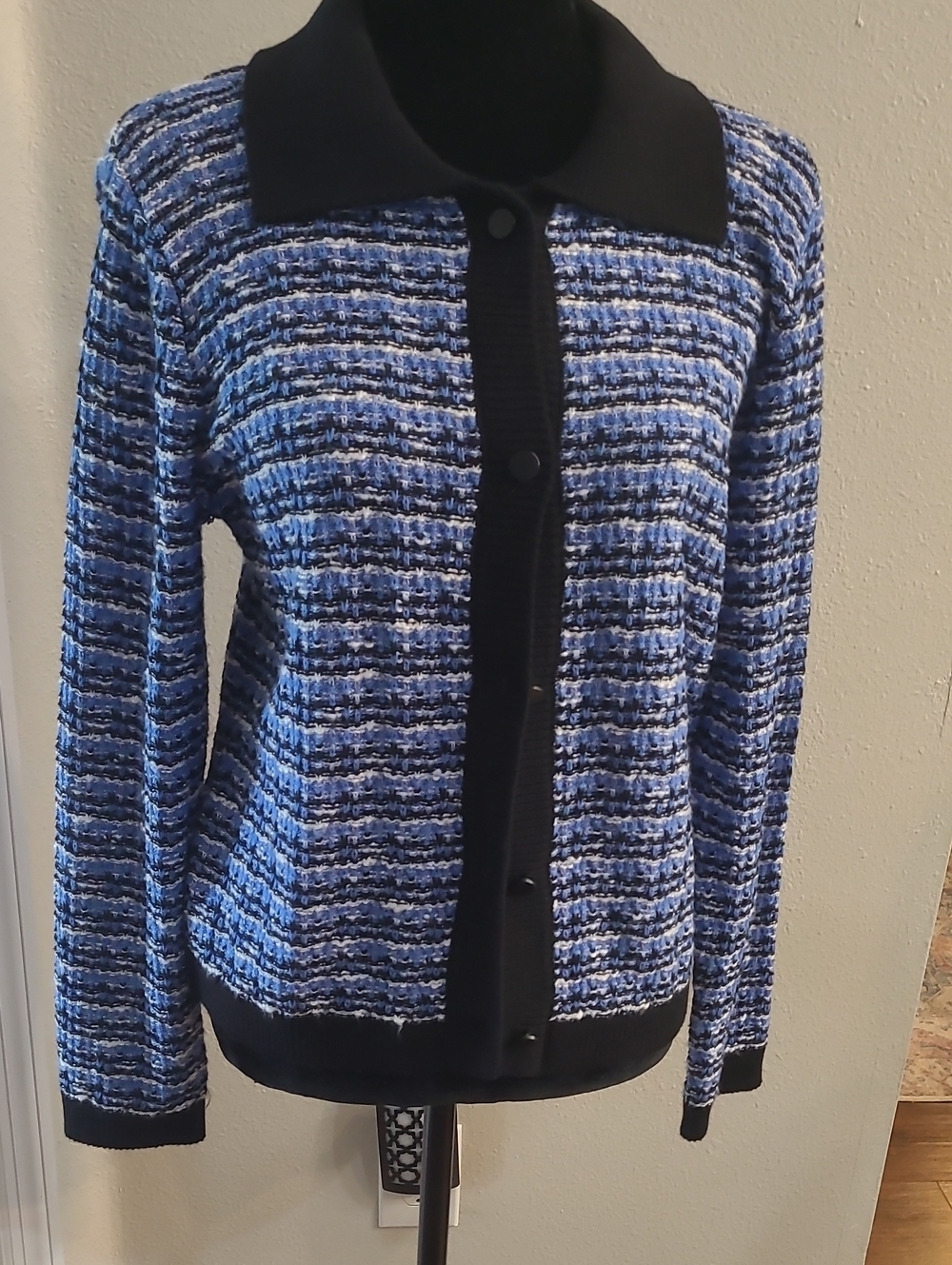 Tahari Blue and Black Textured Knit Blazer Cotton Blend Career Everyday Office M